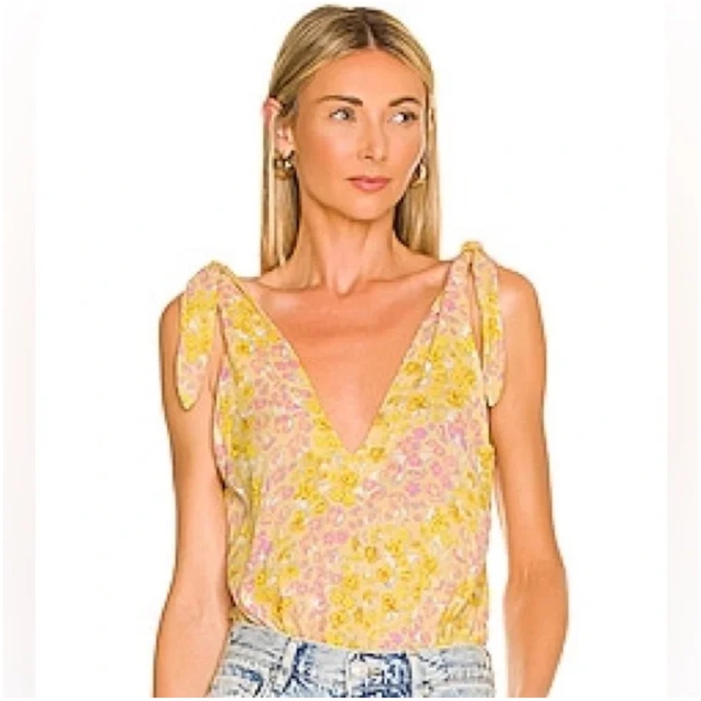 Free People Bare it All Yellow Floral Print Tie-Strap Bodysuit Size Medium